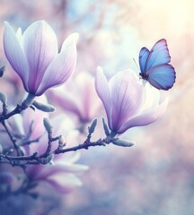 Poster - A serene view of a beautiful magnolia and a butterfly against a stunning blue sky, embodying the essence of spring and summer.