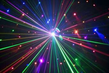 Poster - Colorful laser lights radiating from central point, creating vibrant and festive atmosphere against dark backdrop