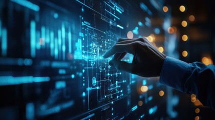 Poster - Businessman interacting with a futuristic holographic interface, navigating complex data visualizations and financial charts to enhance decision making in a tech driven environment