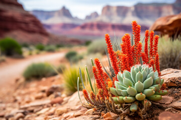 Wall Mural - A breathtaking tableau unfolds before your eyes, as arid riverbed meanders through majestic red rock canyons, adorned with sporadic clusters of resilient desert flora