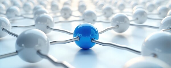 Poster - Abstract 3d illustration shows network structure. Many white spheres connected by silver lines. One sphere blue. Network concept. Modern tech design. Global communication. Business connection. Social