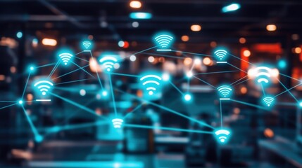 Poster - Multiple wifi signals are connecting in a network, visualized by bright blue lines and icons, against the blurred background of a server room, representing wireless communication and data transfer