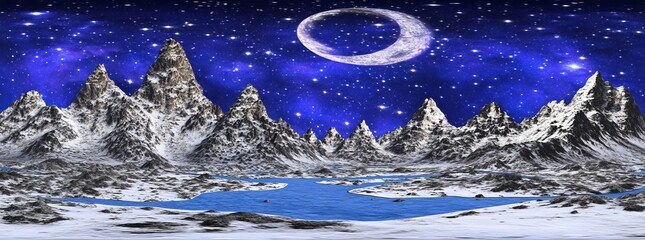 Wall Mural - a mountain in the background, with a night sky dotted with stars and the moon, and clouds飘浮ing by