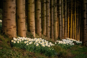 Poster - A splendid forest filled with vibrant flowers basks in the sunlight. Early spring is the ideal season for wood anemone.