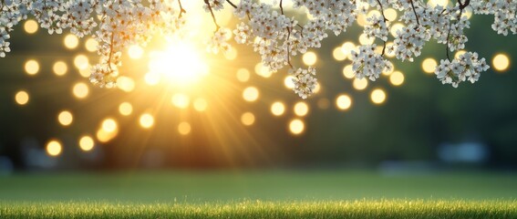 Wall Mural - A scenic background featuring blooming trees and a sun flare on a sunny day. Delicate spring flowers enliven a beautiful orchard. The scene is abstract with a blurred background, highlighting cherry