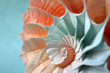 Poster - Pastel orange, turquoise, and white spiral pattern forming an abstract nautilus shell, ideal for backgrounds and design projects