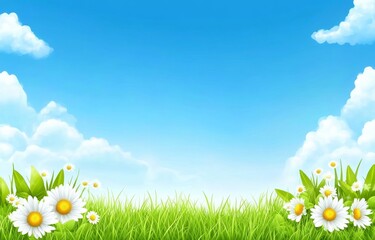 Poster - A serene spring backdrop with blurred edges, showcasing blooming chamomile in a(field-like glade, surrounded by trees, and a bright blue sky on a sunny day.