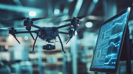 Poster - modern drone hovering in large industrial warehouse. transmitting data to computer screen displaying