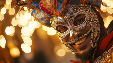 Wall Mural - African American Man in Ornate Venetian Carnival Mask Smiling at Festive Event. Concept of Cultural Celebration, Festive Joy, Traditional Costumes, and Artistic Expression. Copy space