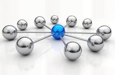 Poster - metallic spheres interconnected by rods create network design. central blue sphere connects to sever