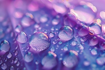 Poster - Macro photograph capturing glistening water droplets on a vibrant purple surface, creating a mesmerizing abstract composition