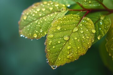 Poster - Fresh, vibrant green leaves glistening with sparkling water droplets after a refreshing rain shower