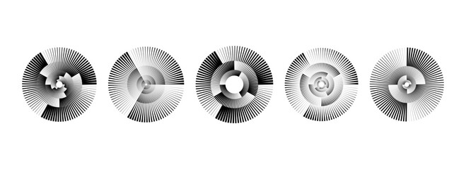 Poster - Black radial spiral pattern set. Circular rotating speed line form collection. Spinning circle sound wave bundle. Abstract music waveform element pack for icon, badge, tag, label, record. Vector
