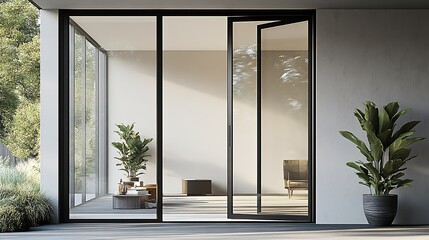 Poster - Minimalist Living Room with Large Sliding Glass Doors and Indoor Plants : Generative AI