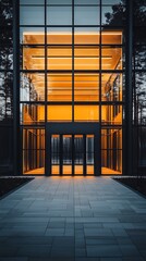 Aufkleber - Illuminated modern building facade with distinctive orange glow set in a tranquil outdoor environment : Generative AI