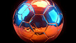 © agungcanva123 - Metallic soccer ball with blue and orange reflective panels on black background.