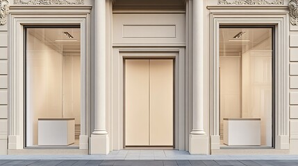 Poster - Contemporary store facade with large windows and classic architectural elements : Generative AI