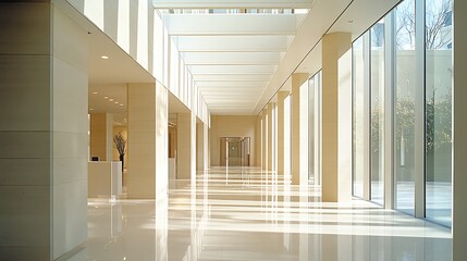 Poster - Sunny Minimalist Corridor with White Walls and Floor to Ceiling Windows in Modern Building : Generative AI
