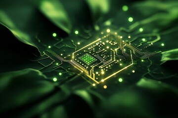 Fototapete - Futuristic Circuit Board with Glowing Green LEDs and Complex Electronic Network Design : Generative AI