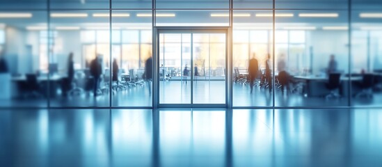 Poster - Modern Corporate Office Entrance with Blurred Figures in Glass Interior Environment : Generative AI