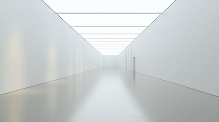 Poster - Minimalistic White Art Gallery Corridor with Reflective Floors and Soft Lighting : Generative AI