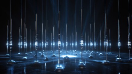 Poster - Futuristic server room illuminated by dark ambient light, featuring glowing metallic pillars and cables, creating a high tech atmosphere for digital communication concepts
