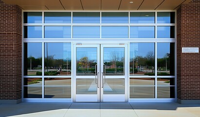 Poster - Sophisticated Corporate Glass Entrance Bathed in Natural Light : Generative AI