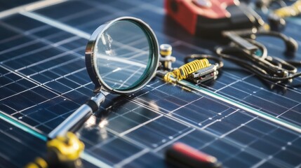 Poster - Magnifying glass is placed on a solar panel, suggesting close examination and analysis of renewable energy technology, alongside tools and equipment for maintenance or research purposes