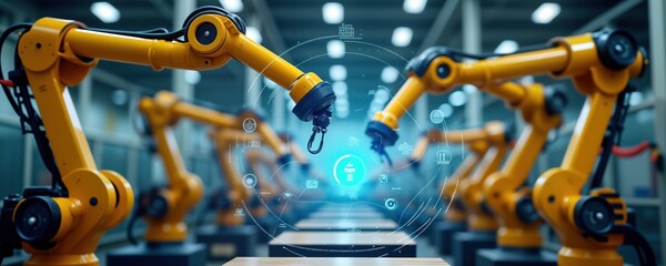Poster - Automated arms in smart factory. Modern tech for production. Industrial robots operate. High-tech automation in industry. Future of manufacturing. Robotics in modern facility. Factory with smart