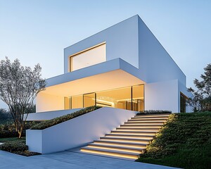 Poster - Contemporary Architectural Home with Soft Ambient Lighting on Entryway : Generative AI