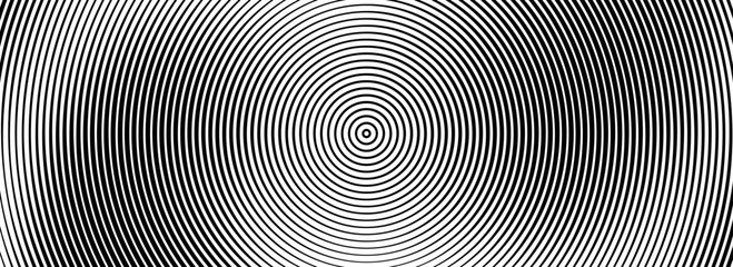 Poster - Black concentric circle background. Radial geometric pattern wallpaper. Line epicenter, radar or target concept. Round rippled ring backdrop for brochure, banner, poster, overlay. Vector texture