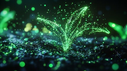 Aufkleber - Vibrant Bioluminescent Plant Growth in a Dark Forest Setting with Glowing Leaves : Generative AI