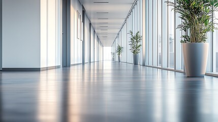 Aufkleber - Spacious Office Hallway with Glass Walls Wooden Floors and Greenery : Generative AI