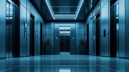 Poster - Stylish Modern Elevator Lobby with Futuristic Blue Tones and Polished Floor Reflecting Sleek Design : Generative AI