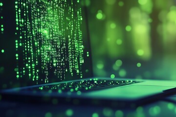 Leinwandbilder - Futuristic Digital Rain on Laptop Screen Representing Data Cybersecurity and Information Flow : Generative AI