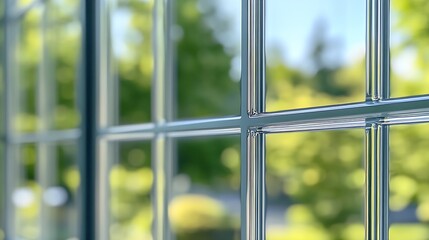 Poster - Close-up View of Grid Windows Reflecting Sunny Greenery Outside in a Bright Summer Day : Generative AI