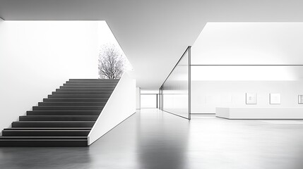 Poster - Bright Minimalist White Interior With Sleek Staircase And Open Spacious Design : Generative AI