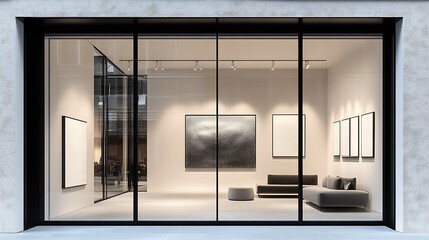 Poster - Minimalist Art Gallery with Abstract Pieces and Sleek Couch Arrangement : Generative AI