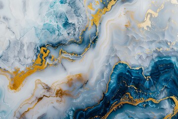 Poster - Blue and white marble texture with gold veins creating a luxurious and elegant visual effect, perfect for backgrounds and design projects