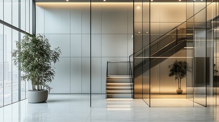 Aufkleber - Modern Office Interior with Natural Lighting Glass Walls and Contemporary Staircase : Generative AI