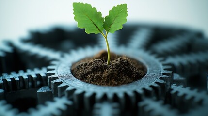 Poster - Young green plant growing amidst metallic gears representing innovation and sustainability : Generative AI