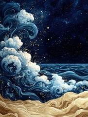 Wall Mural - stunning abstract ocean and galaxy artwork featuring swirling waves and starry sky with cosmic eleme