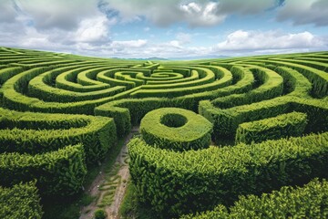Intricate labyrinth made of hedges creating a surreal landscape under a cloudy sky