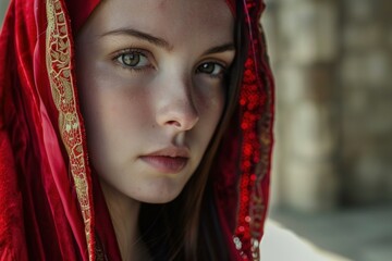 Close up portrait of a caucasian teenage girl wearing a red velvet hooded cloak with gold trim, conveying a sense of mystery and traditional beauty