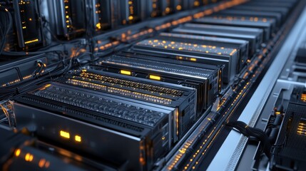 Poster - Powerful server units are processing and transmitting data with flashing lights in a futuristic data center, showcasing advanced technology and connectivity