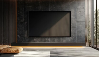 Fototapete - Large Black Screen on Black Wall with Soft Natural Light in Minimalist Interior