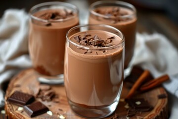 Three glasses of delicious hot chocolate garnished with chocolate shavings and cinnamon sticks, creating a cozy and inviting winter beverage