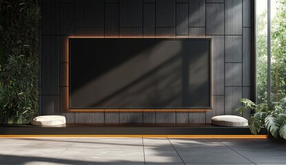 Poster - Modern Minimalist Interior with Black Screen on Elegant Wall and Natural Light