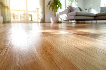 Poster - Sunlight streams through window, highlighting warm tones of wooden parquet flooring in contemporary living room