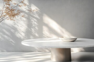 Aufkleber - Minimalist Round Marble Table Design with Natural Light Shadows on Grey Wall for Product Display